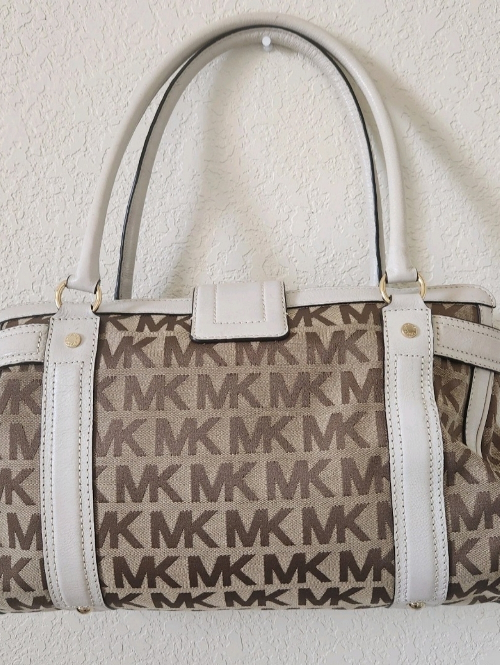Michael Kors Cream & Brown MK Logo Satchel with Gold Hardware - Picture 4 of 16